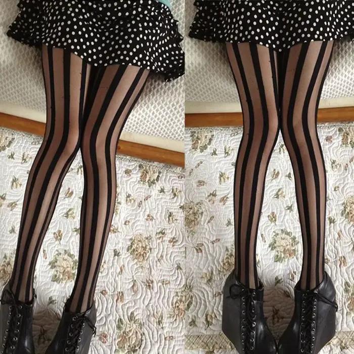 Collants gothiques à rayures verticales pour femmes, nylon et élasthanne, taille unique, occasion rock, soirée gothique, look mystérieux