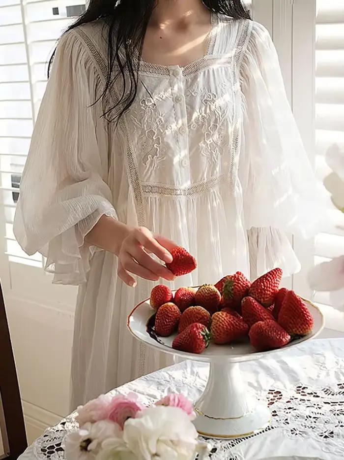 Femmes pur coton volants Vintage chemises de nuit Robe nuisette longue