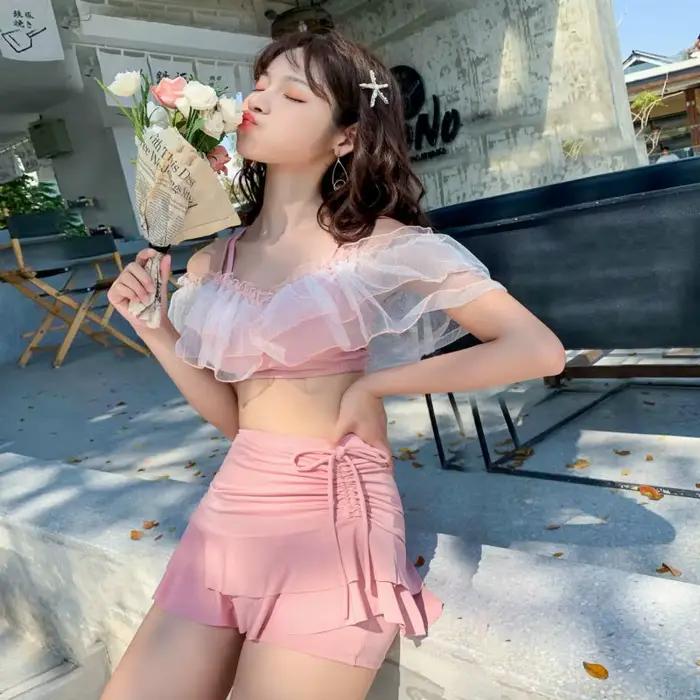 Maillot de bain deux pièces pour femmes, bikini sexy, élégant, dos nu, à volants tendres, à la mode, style coréen, pour filles douces, été