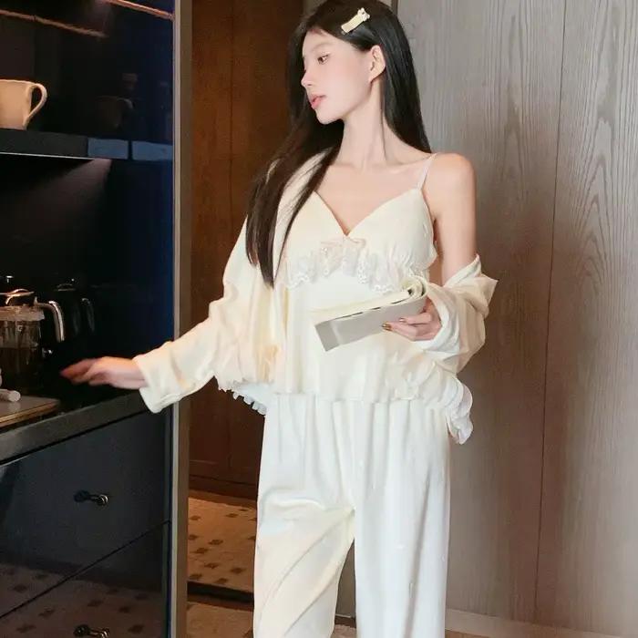 Island Velvet Women's Pajamas 3Pcs Set Loungewear Elegant Sexy Lace Trim Sleepwear Pijamas Suit Loose Casual Home Clothes Pyjama