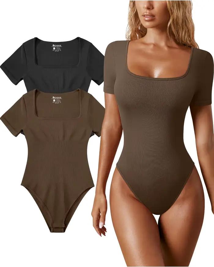 Body femme Sexy côtelé une pièce col carré manches courtes