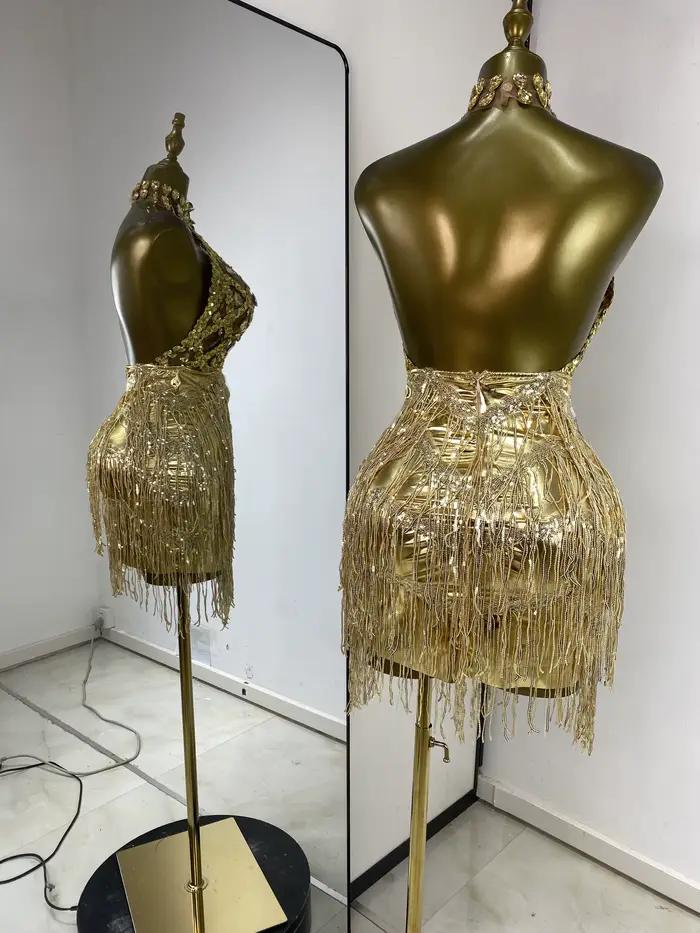 Femmes or soirée Club robe de soirée Sexy licou dos nu brillant strass paillettes gland moulante Mini barre de nuit Costumes