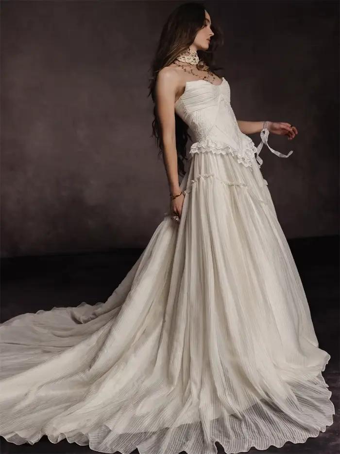 Robe de mariée plissée style corset vintage Tokyo, sans bretelles, en dentelle, pour mariage médiéval romantique, réception de mariage, robes de bal 2026