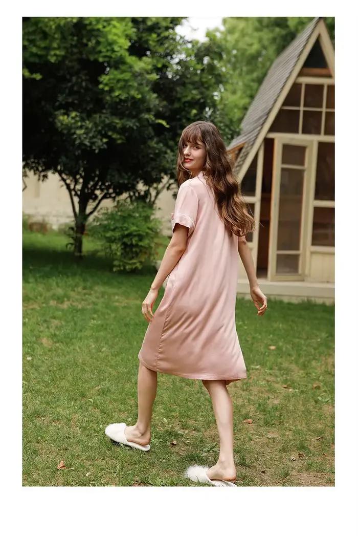 Robe de Nuit Mi-Longue à Manches Courtes et Col Rabattu pour Femme