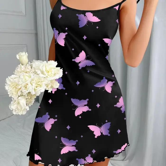 Nouvelle mode papillon imprimé Chemise de nuit pour femmes noir étoile Chemise courte Spaghetti sangle vêtements de nuit mignon et à la mode vêtements de nuit chauds