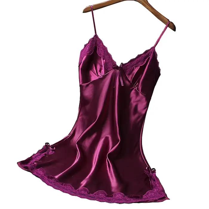 Offre spéciale femmes Sexy Satin chemise de nuit dentelle vêtements