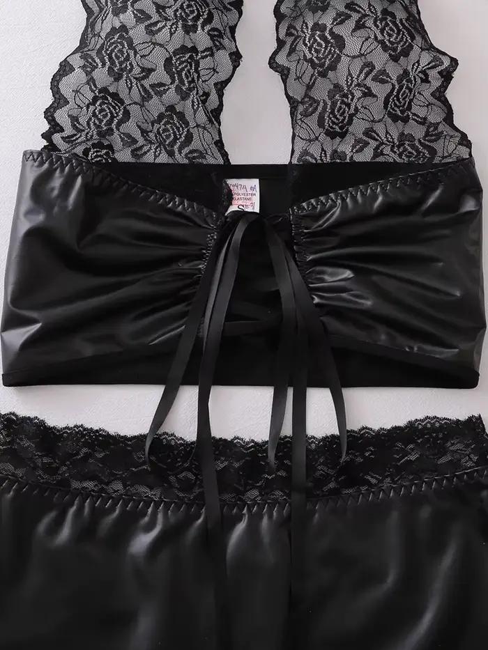 Lingerie sexy en PVC, Babydoll en dentelle, sous-vêtements, costumes à bretelles fines, Teddies, vêtements de nuit, costumes de fête en boîte de nuit, mini-jupe : S-L