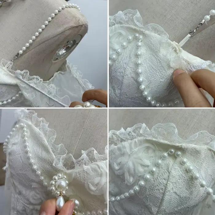 T-shirt en dentelle vintage ISAROSE pour femmes, style français, sans bretelles, imitation perles, bretelles, col en V, manches évasées en maille, hauts slim