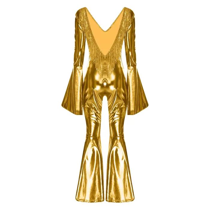 Body métallique irisé Oyolan pour femmes, costume de danse disco, pompon à paillettes, dos nu, barboteuse, poignets et jambes évasés, polyester et élasthanne, pour soirées festives et spectacles de danse
