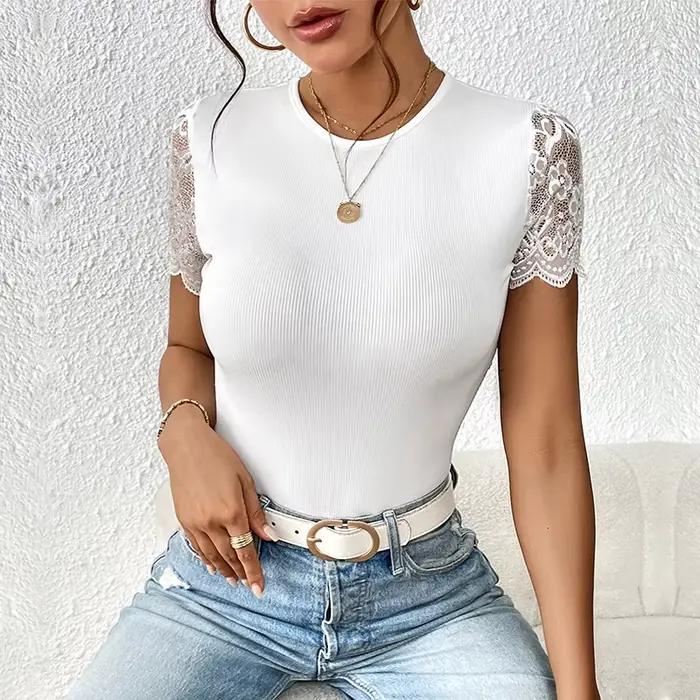 Body moulant sexy en dentelle à manches courtes pour femme