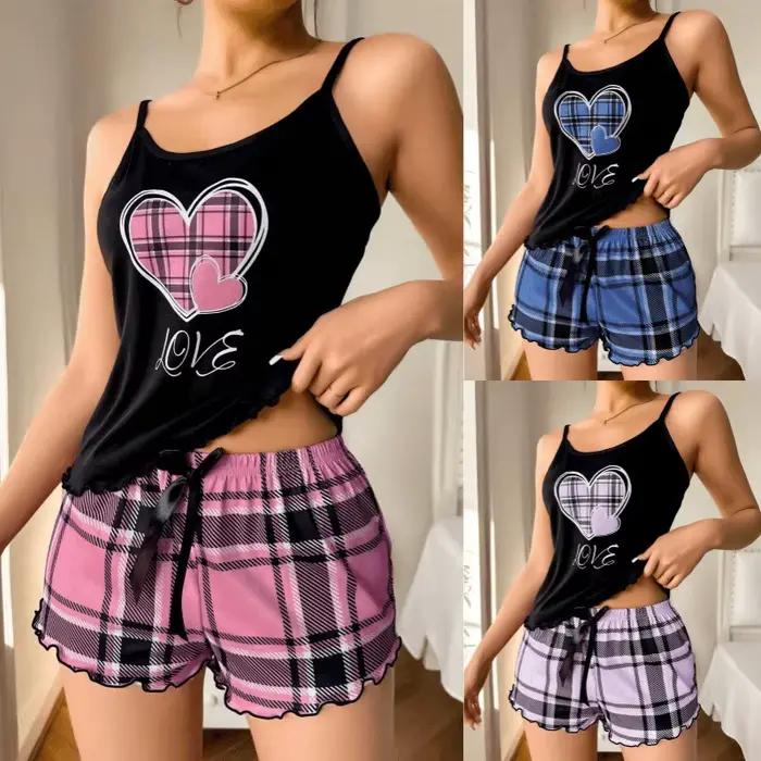 Femmes Sexy Bretelles Shorts Mince Pyjamas Lettre Imprimé Plaid Shorts Grand Pyjamas Romantique Maison Porter Sexy Vêtements De Nuit Pyjama Court