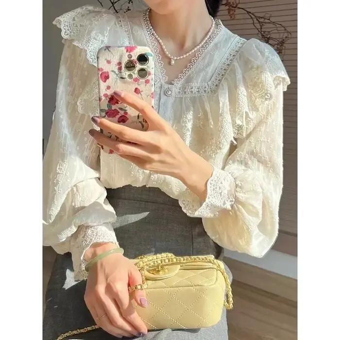 Vintage français femmes chemises dentelle Lolita élégant à manches longues volant Blouse de haute qualité bureau dame