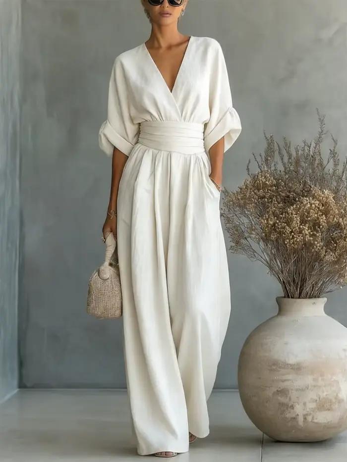 Nouvelle Combinaison Femme Tendance Taille Haute Col V Sexy Blanche pour le Bureau