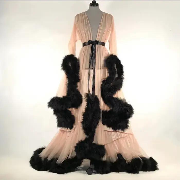 Robe de soirée Cocktail à manches moelleuses pour femmes, robe de bain, peignoir translucide, en maille, transparente, chemise de nuit de nuit de mariage
