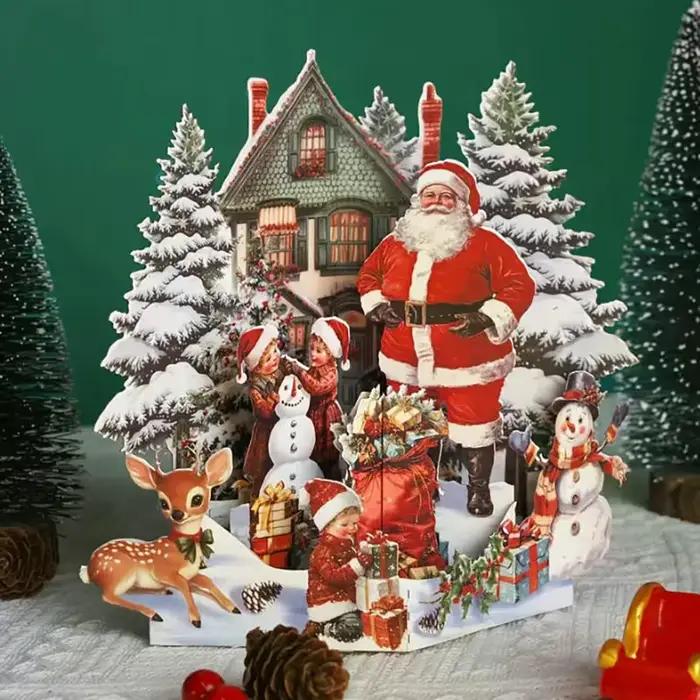 Carte de noël 3D, scène de nuit avant noël avec père noël, renne, Village enneigé et ciel clair de lune, carte de vœux de vacances Festive F