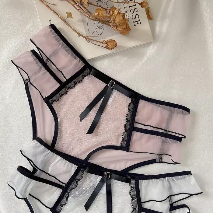 Culotte femme Style dentelle à volants mignon taille basse maille transparente Sexy caleçon doux coton creux attaché nœud slips Lingerie