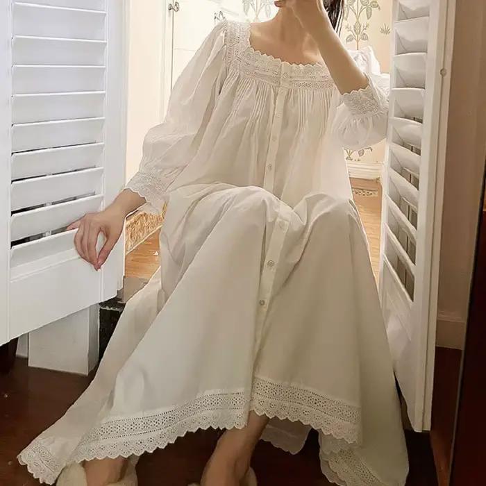 Vintage broderie coton longues chemises de nuit pour dame à manches