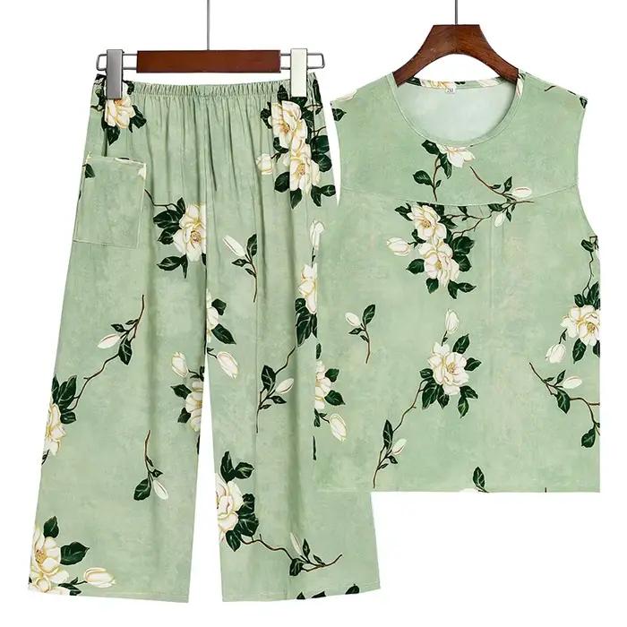 4XL Pyjama Pour Femme Nouveau Imprimé D'âge Moyen Mère Deux Pièces Ensemble FiglaCapri Pantalon Trempé Vêtements De