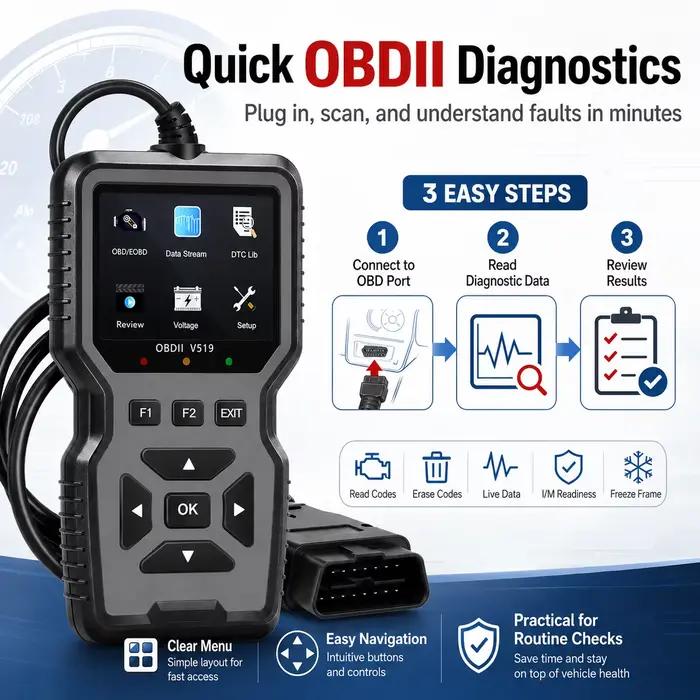 2026 V519 Scanner OBD2 Professionnel Alimenté par USB, Outil de Diagnostic Automobile, Lecteur et Effaceur de Codes Moteur, Flux de Données en Temps Réel, Prêt I/M