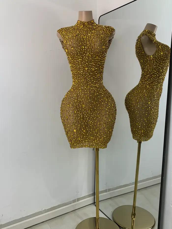 Robe courte de soirée dorée, diamants scintillants, luxe, maille élégante, transparente, vêtements de Cocktail, d'anniversaire, vêtements de spectacle en boîte de nuit
