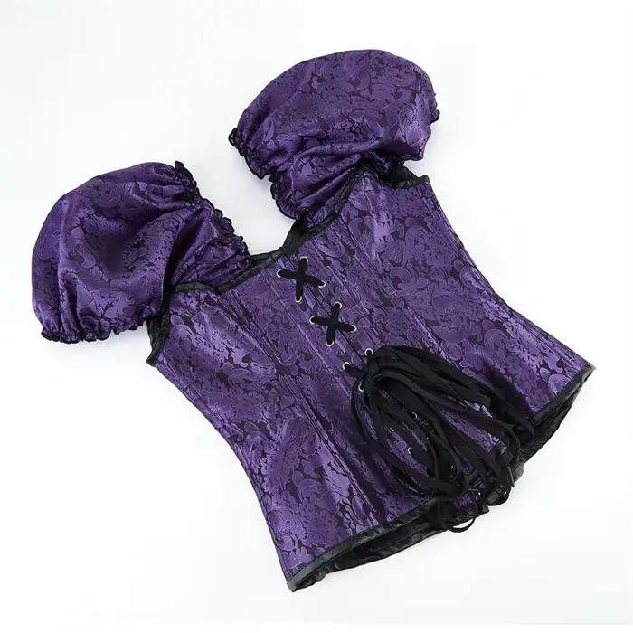 Corset gothique à manches bouffantes pour femmes, 12 os de colle, surbuste à manches courtes, corsets jacquard transportés, corselet rotatif en métal rétro