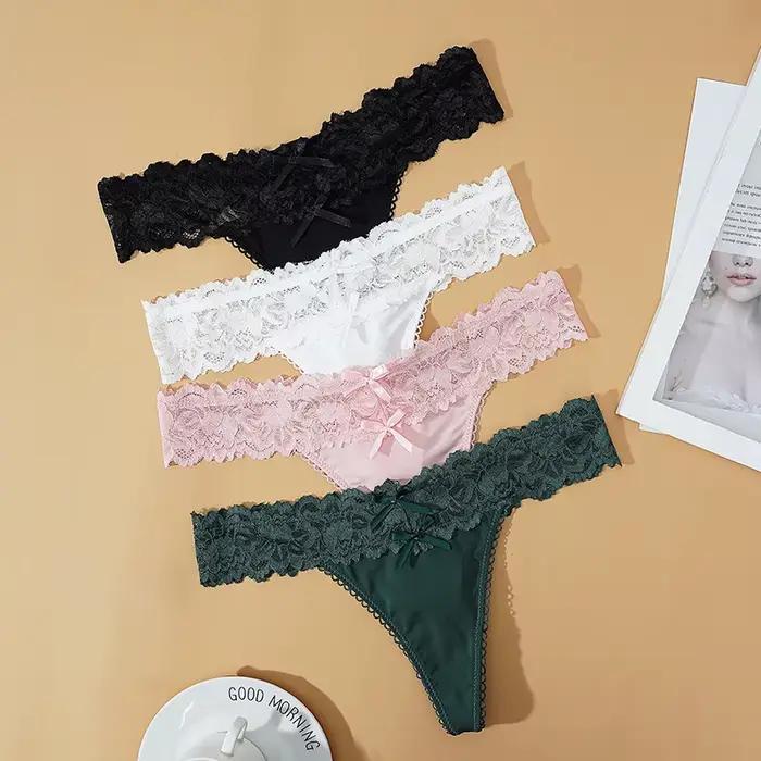 String Sexy en dentelle pour femmes, sous-vêtements taille basse, string transparent, respirant, confortable, couleur unie, détail de nœud, usage quotidien