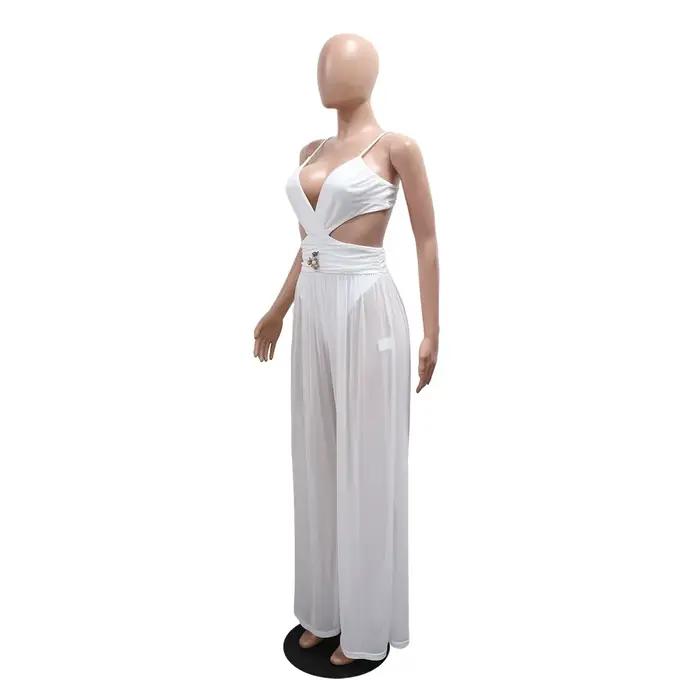 Été 2025 femmes Sexy col en v découpe fronde Cami combinaison couleur unie dos nu voir à travers une pièce pantalons longs fête Club barboteuse