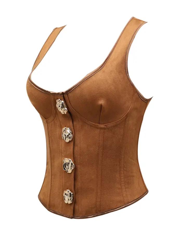 Gilet corset marron aspect daim avec boutons métalliques roses, col carré, cincher de taille pour femme
