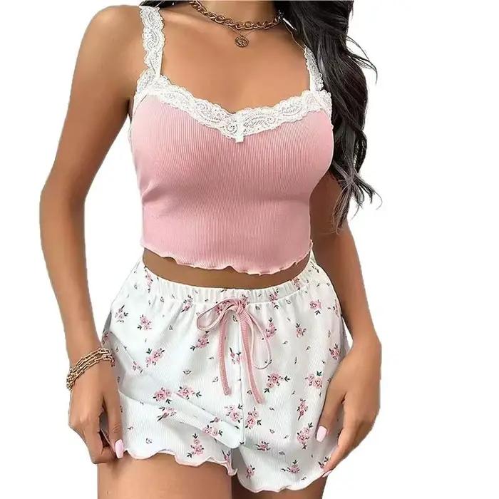 Femmes 2psc pyjama ensemble rose dentelle Patchwork col en v vêtements de nuit Sexy nuisettes costume Cami haut imprimé