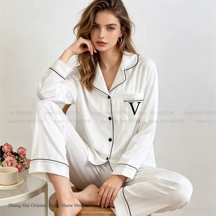 Nouvel ensemble pyjama 2 pièces printemps-automne, broderie rayée rose, vêtements de nuit, tenue décontractée en satin ample pour femme