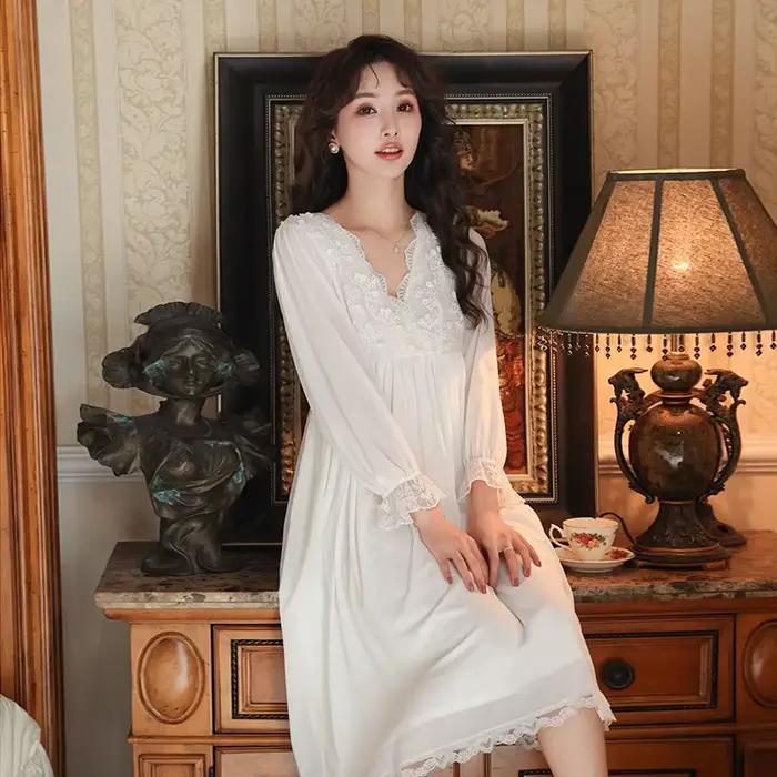 Haute qualité printemps automne vêtements de nuit femmes chemise de nuit à manches longues Sexy col en v longue robe maille Modal doux chemises de nuit femme