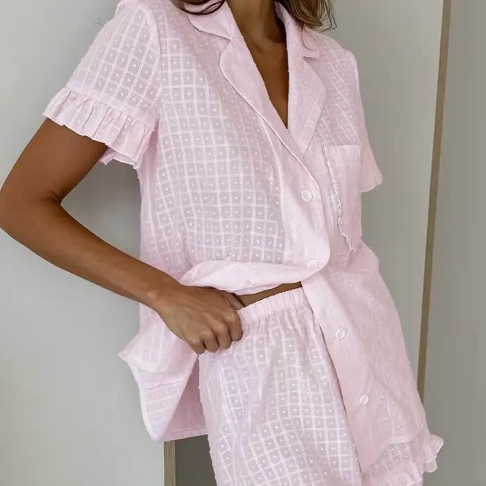 Ensemble pyjama deux pièces en coton jacquard à carreaux roses avec short à volants