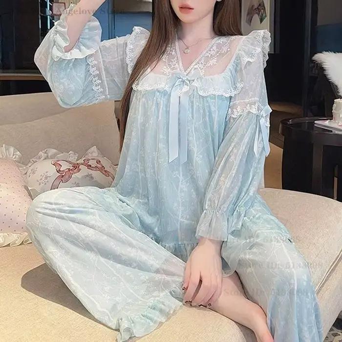 Nouveau doux maille pyjamas ensemble Sexy dentelle princesse Style vêtements de nuit décontracté imprimé
