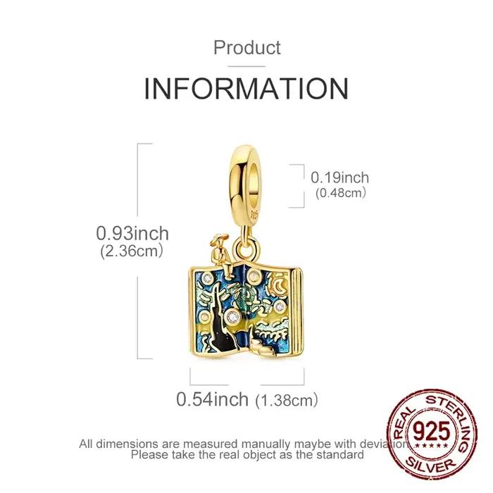 Breloque pendante Livre Nuit étoilée Van Gogh en Argent Sterling 925, Émail et Pierres CZ, Perle d'art pour Bracelets, Cadeau Bijou pour Femme