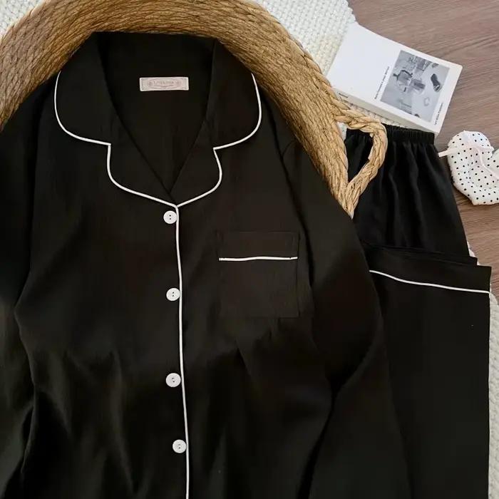 Pyjama de luxe doux et uni pour femme, nouvelle collection printemps 2026, ensemble basique deux pièces, vêtements de nuit décontractés à manches longues, ensemble loungewear 2 pièces style coréen