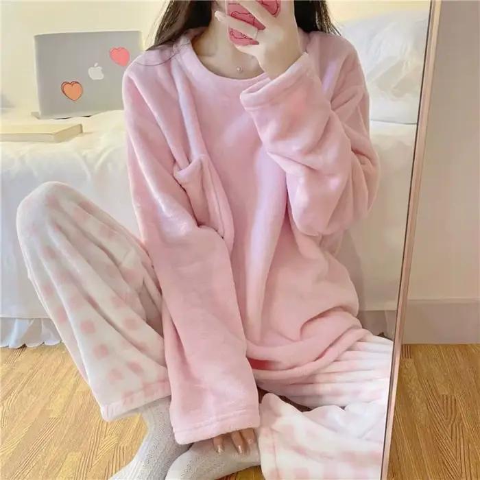 Smile Optics-Ensemble de Pyjama Chaud pour Femme, Vêtements de Nuit d'Hiver, Haut Solide Décontracté et Pantalon à Carreaux Doux, pour la Maison