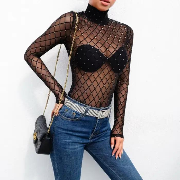 Femmes maille Net résille body mince à manches longues justaucorps combinaison hauts maillots de bain perles préspective