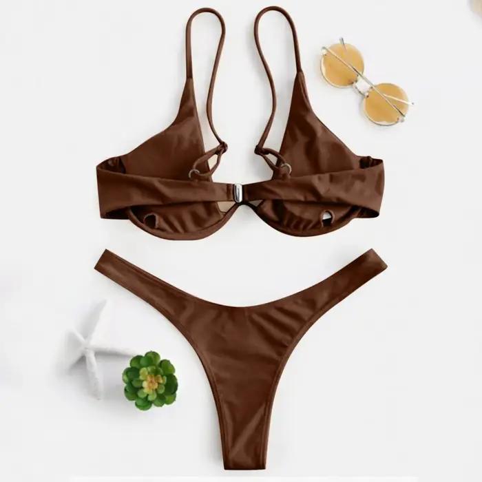 Sexy à armatures Bikini 2024 Mujer femmes solide rouge Push Up soutien-gorge string maillot de bain licou col en V maillot de bain Mini Micro string maillots de bain