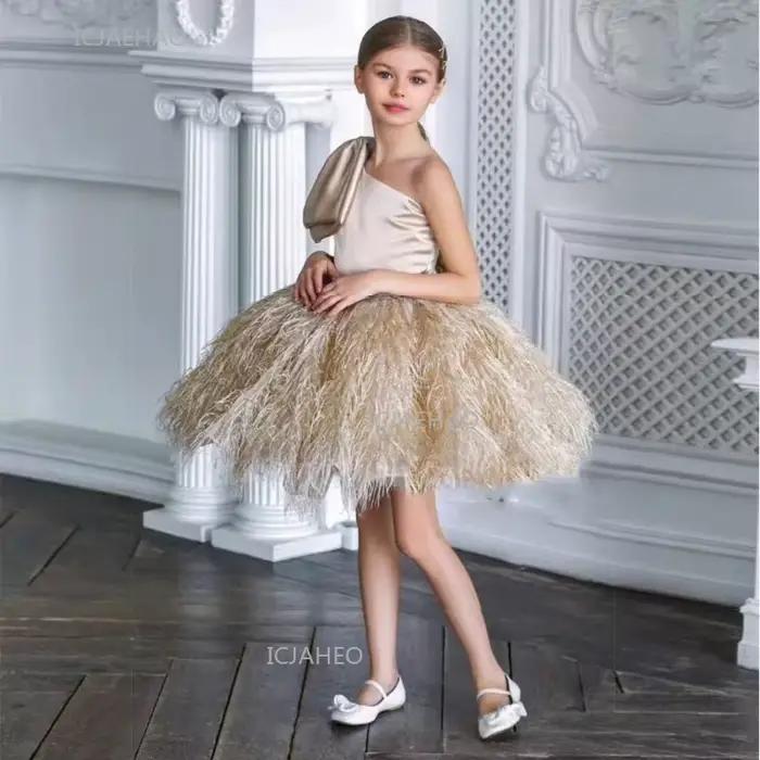 Champagne enfants filles robe de soirée élégante une épaule robe pour hôte Performance bal Pageant robes de soirée formelles pour les enfants