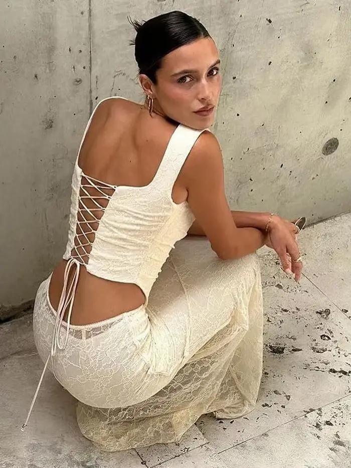 Ensemble 2 pièces jupe longue en dentelle pour femme, patchwork, dos nu, taille haute, maxi à lacets élégant, tenues féminines, mode