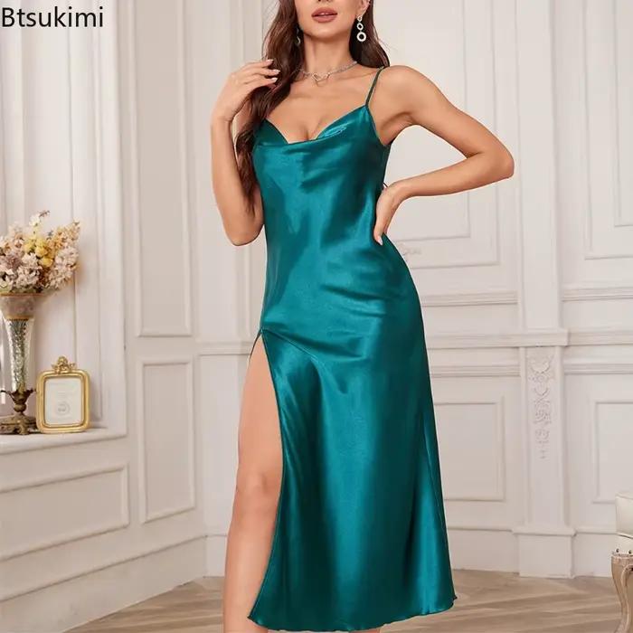 Robe de nuit fendue pour femme à imprimé léopard et floral, col en V, dos nu, bretelles spaghetti, en soie glacée