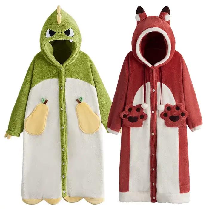 Hiver épais chaud femmes chemise de nuit corail polaire dessin animé vêtements de nuit manches longues flanelle chemise de nuit peignoirs à capuche en peluche Homewear