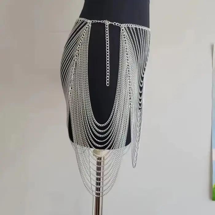 Or Argent Nuit Tenue De Club Chaîne De Corps Jupe Femme Mode Décontracté Creux Mini Jupes 2024 Été Plage Bikini Gland Vêtements