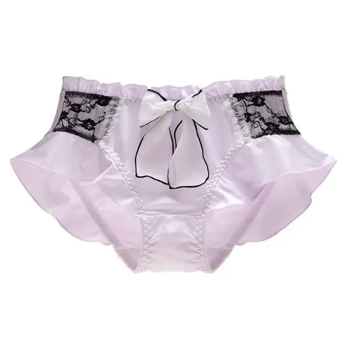 Femmes lait soie lisse mignon belle culotte douce dentelle Lolita à volants ruban nœud élasticité sous-vêtements respirant couleur bonbon
