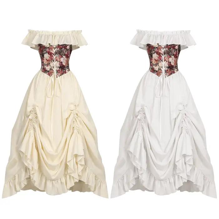 Robe Corset Médiévale Renaissance Épaules Dénudées Femme Élégante Corset Floral Vintage Gothique Victorien Costume d'Halloween Robe de Bal