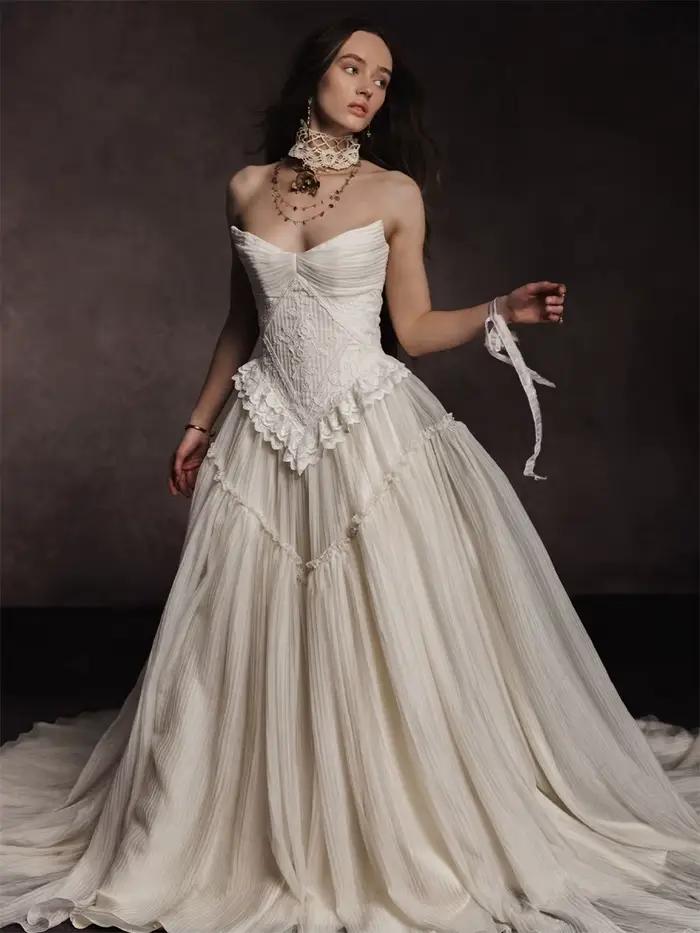 Robe de mariée plissée style corset vintage Tokyo, sans bretelles, en dentelle, pour mariage médiéval romantique, réception de mariage, robes de bal 2026