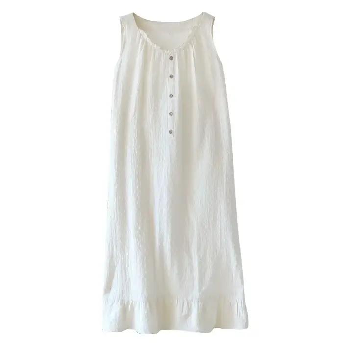 Chemise de nuit en gaze de coton respirante pour femme, robe de nuit blanche sans manches, détail perles en bois et ourlet à volants, tenue d'intérieur douce