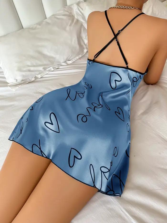 Coeur lettre impression chemise de nuit décontracté col rond Spaghetti sangle robe