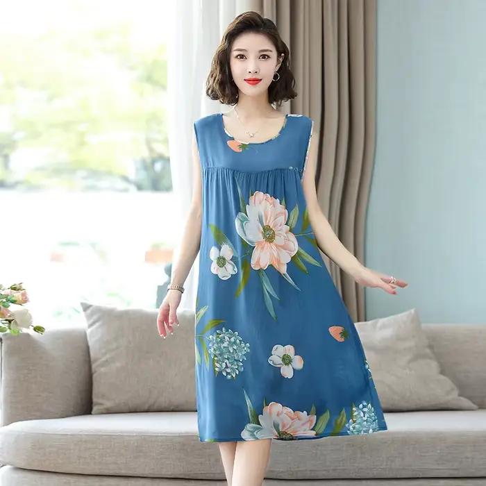 Été d'âge moyen et personnes âgées coton chemises de nuit en soie pyjamas robes pour femmes grande taille mère