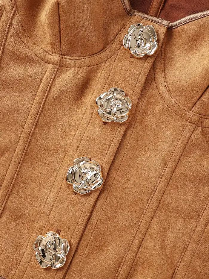 Gilet corset marron aspect daim avec boutons métalliques roses, col carré, cincher de taille pour femme